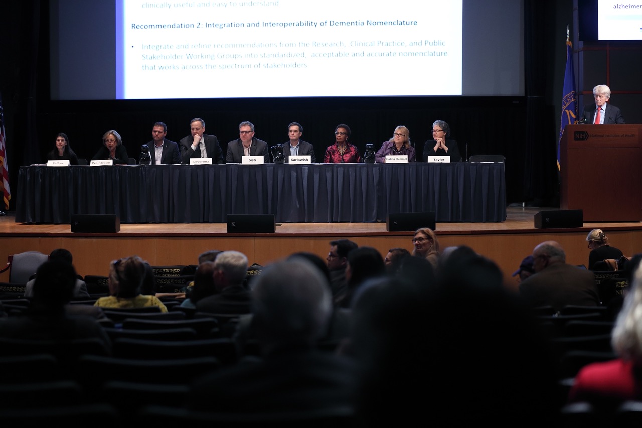 Pictured are the Nomenclature Session panelists, Cara Fiernan Fallon, Sandra Weintraub, Mark Herthel, James Leverenz, Dominic Sisti, Jason Karlawish, Peggye Dilworth-Anderson, Cynthia Huling Hummel, Angela Taylor, Ronald Petersen, at the Alzheimer’s Disease-Related Dementias Summit in 2019. (Image provided by Alzheimer’s Disease-Related Dementias Summit)