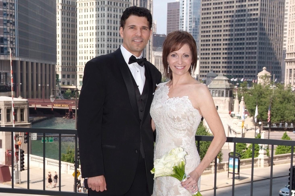 Frank and Amy Bouschart on their wedding day in downtown Chicago