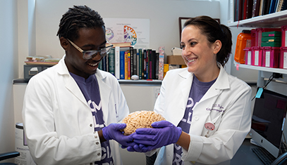 Photo of two people holding a brain